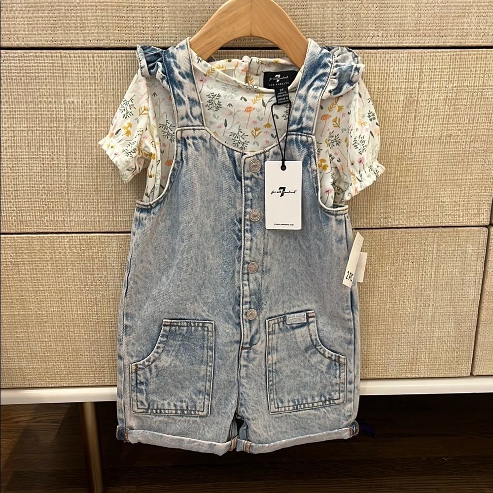 NWT 7 For All Mankind Light Blue Kids Outfit Overalls 2T